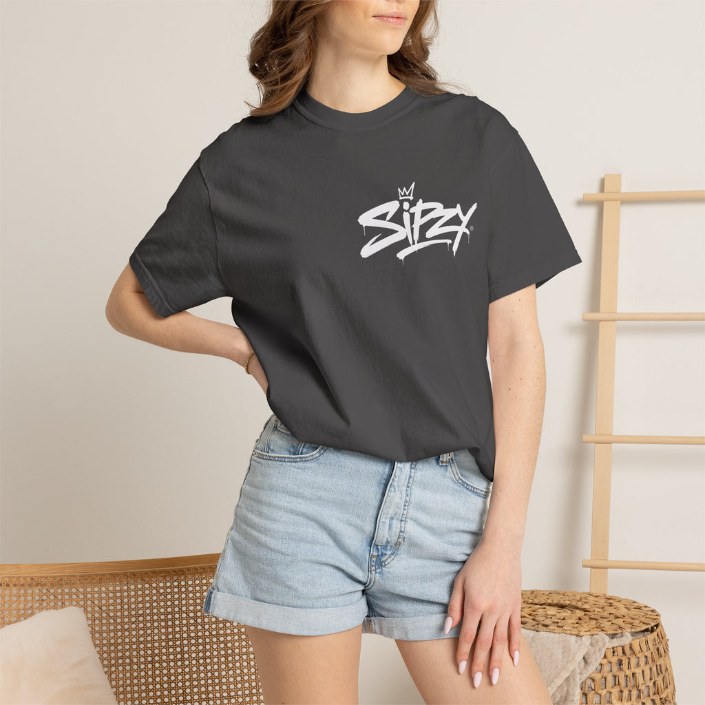 Minimal 'Sipzy' Script Tee — White Garment-Dyed T-Shirt