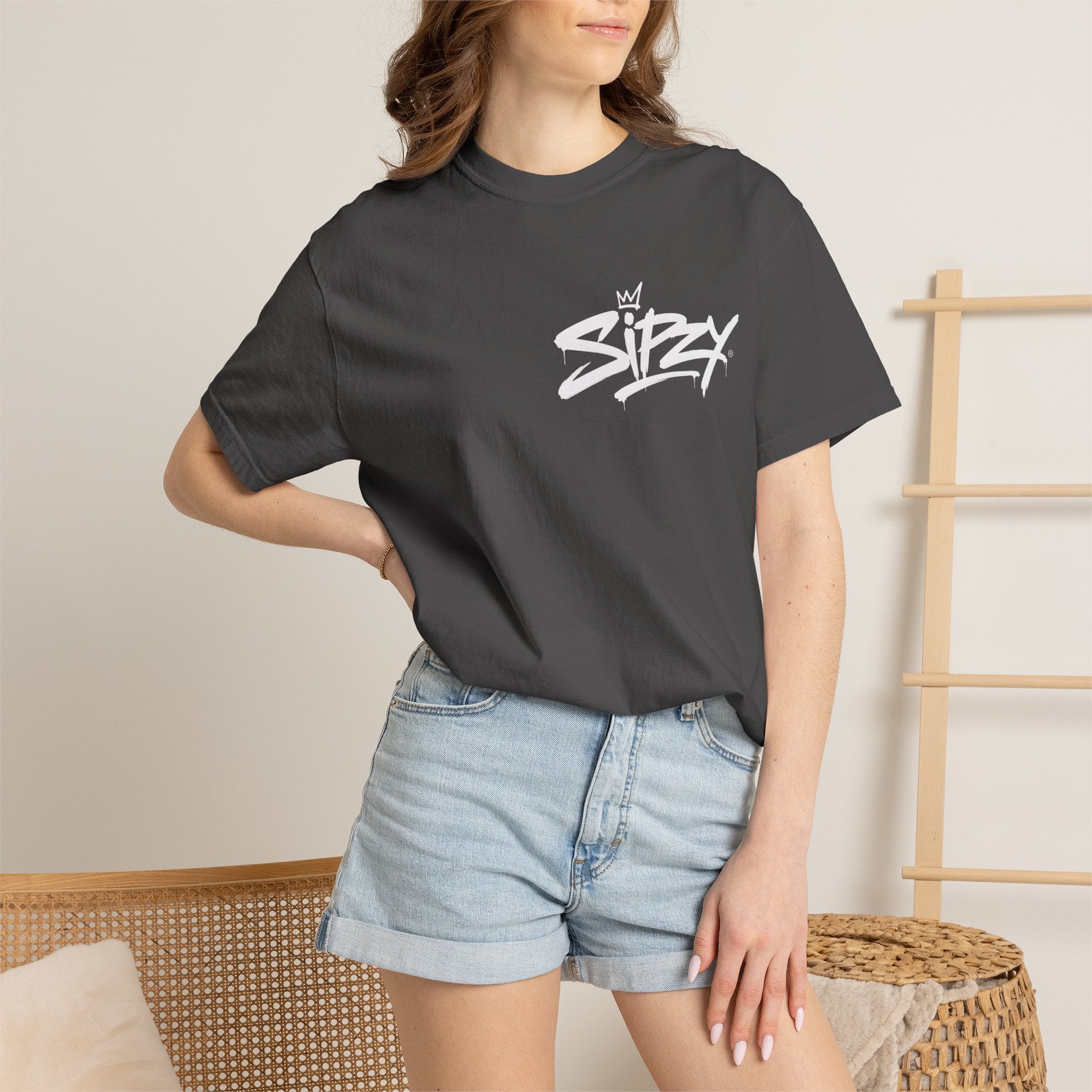 Minimal 'Sipzy' Script Tee — White Garment-Dyed T-Shirt