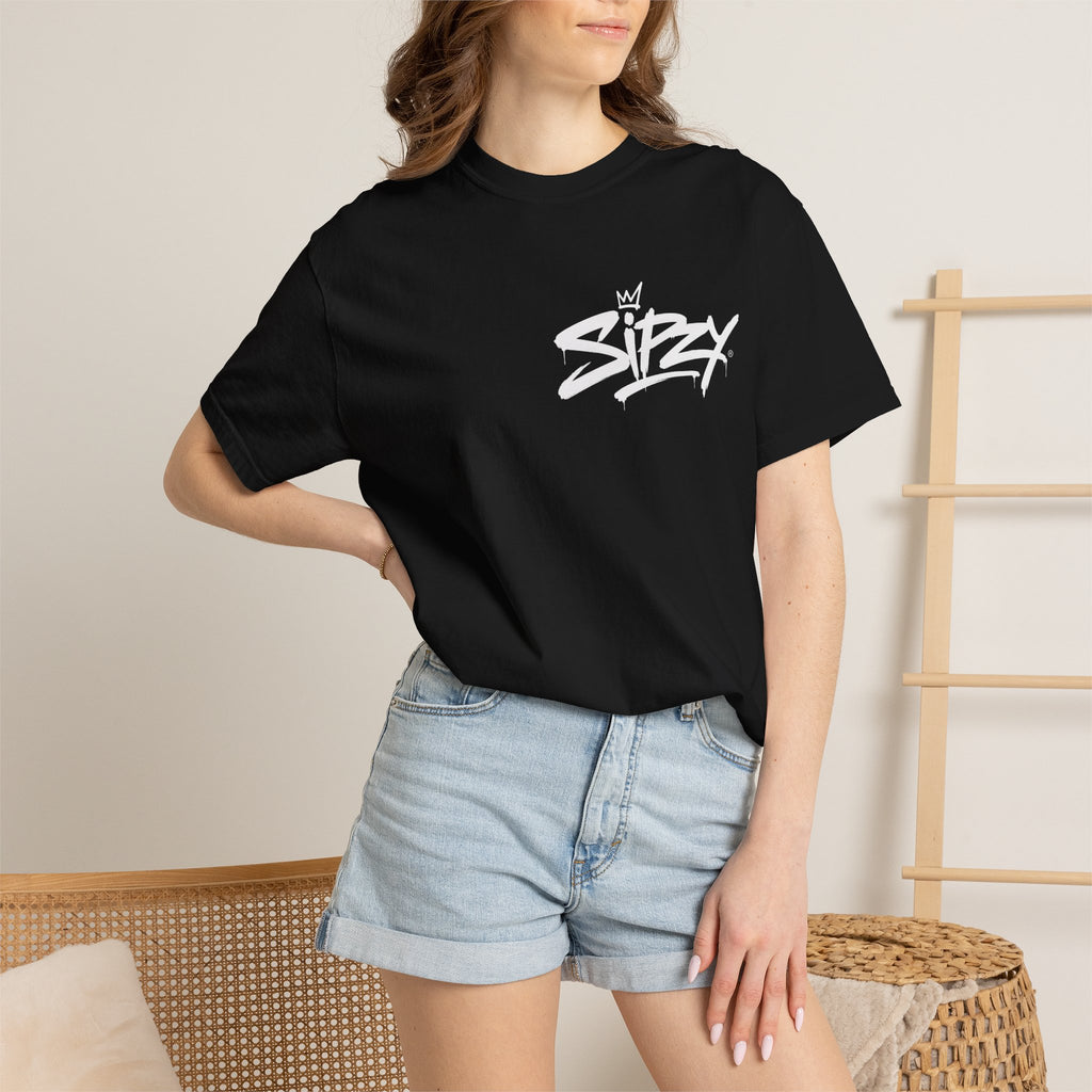 Minimal 'Sipzy' Script Tee — White Garment-Dyed T-Shirt