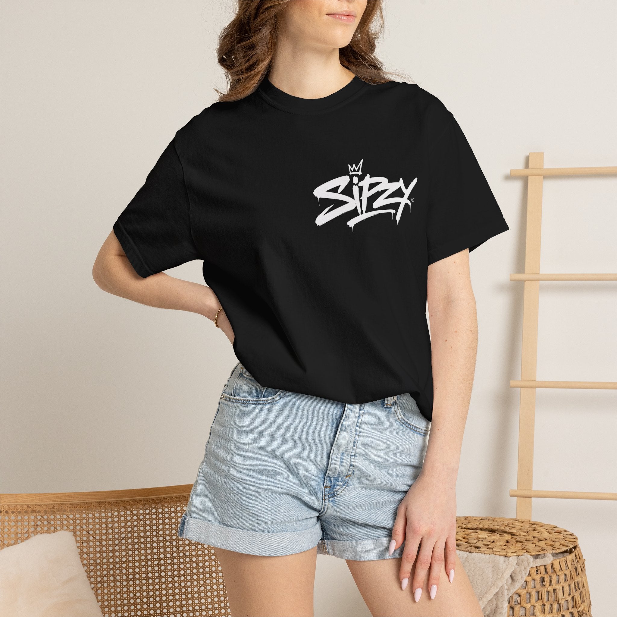 Minimal 'Sipzy' Script Tee — White Garment-Dyed T-Shirt