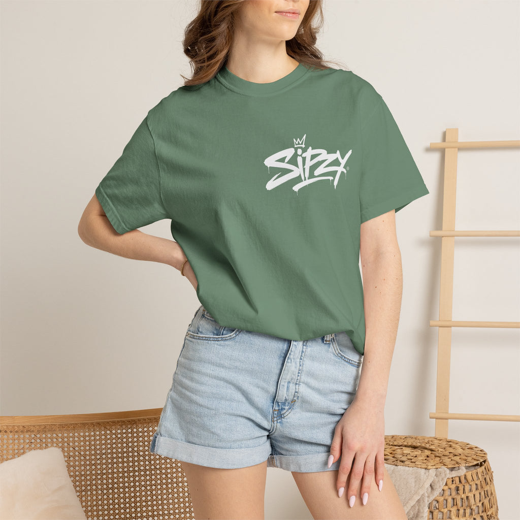 Minimal 'Sipzy' Script Tee — White Garment-Dyed T-Shirt