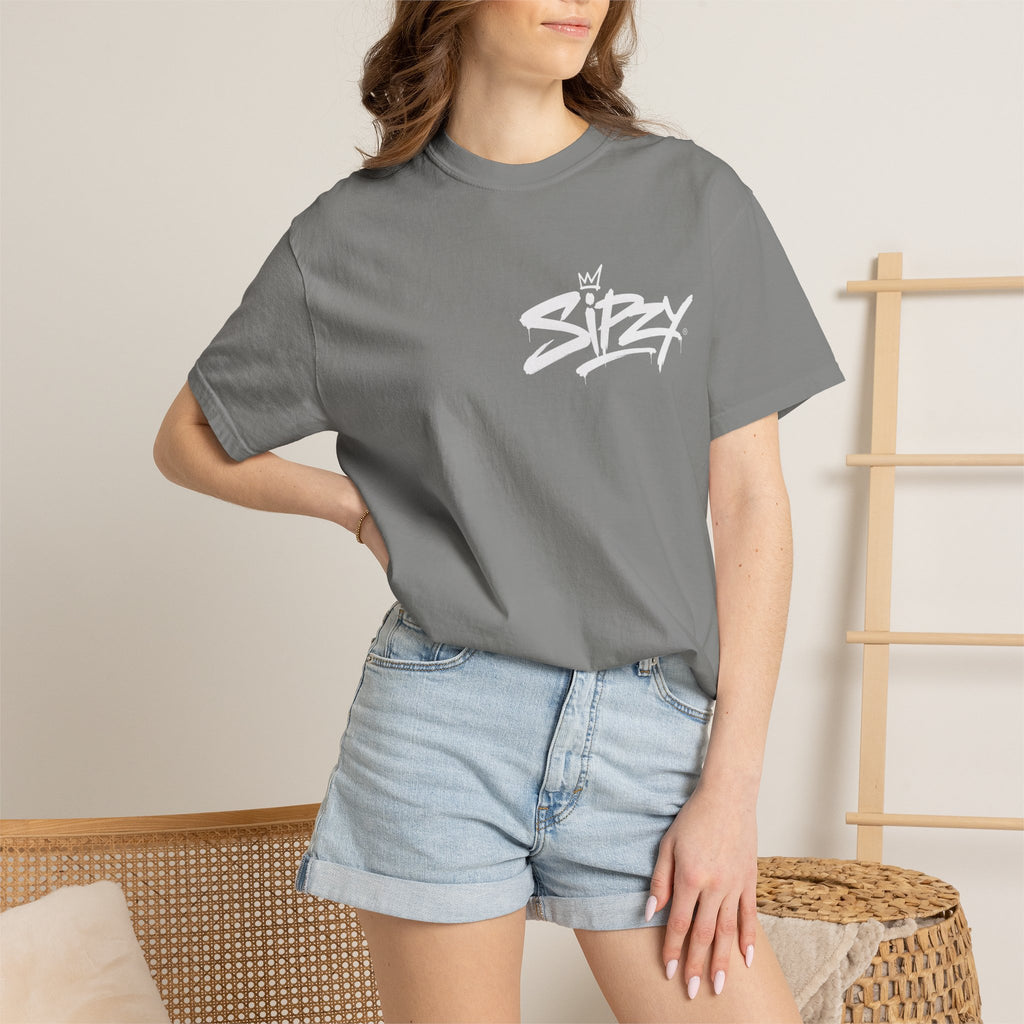 Minimal 'Sipzy' Script Tee — White Garment-Dyed T-Shirt