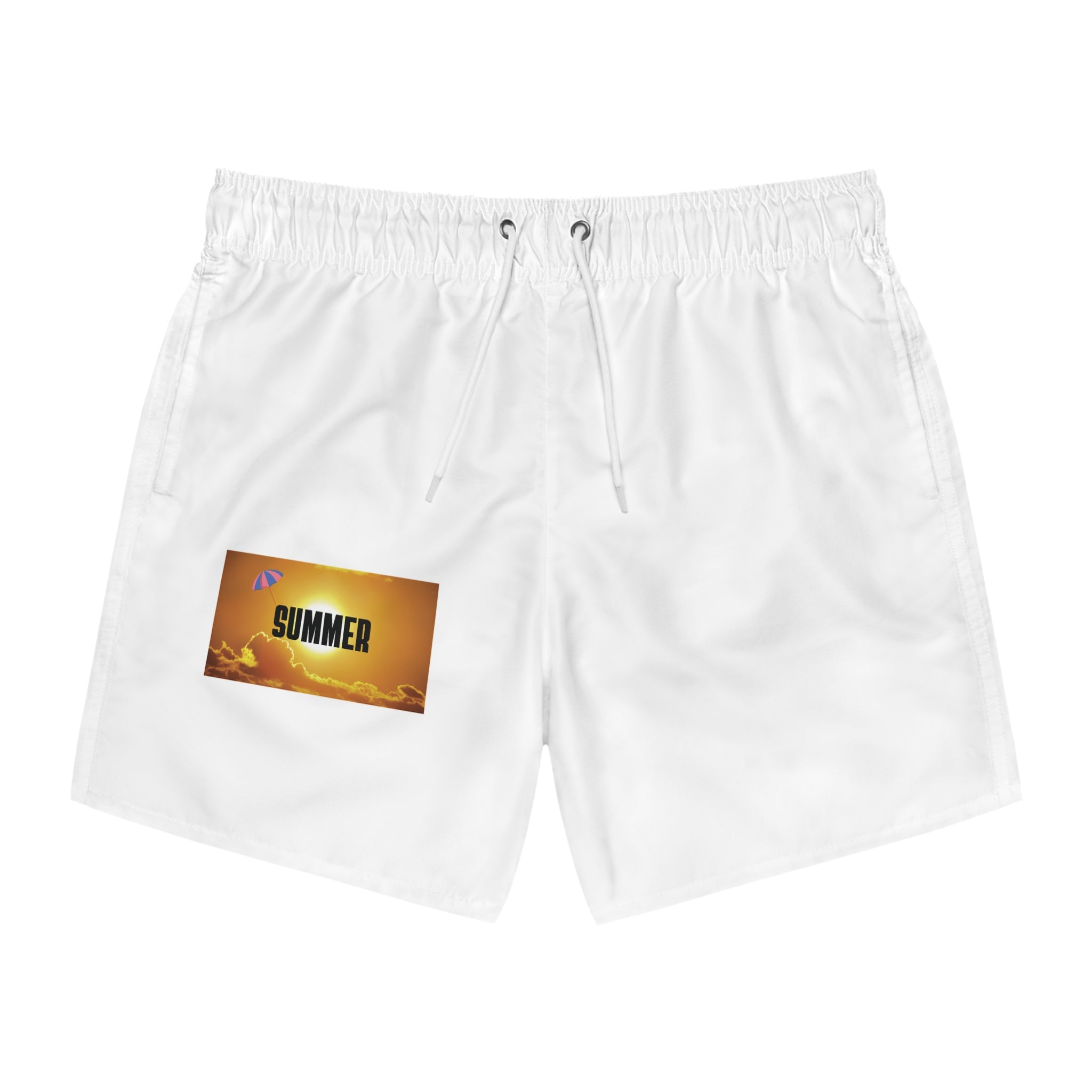 Summer Sunset Swim Trunks — 'SUMMER' Pocket Graphic Beach Shorts