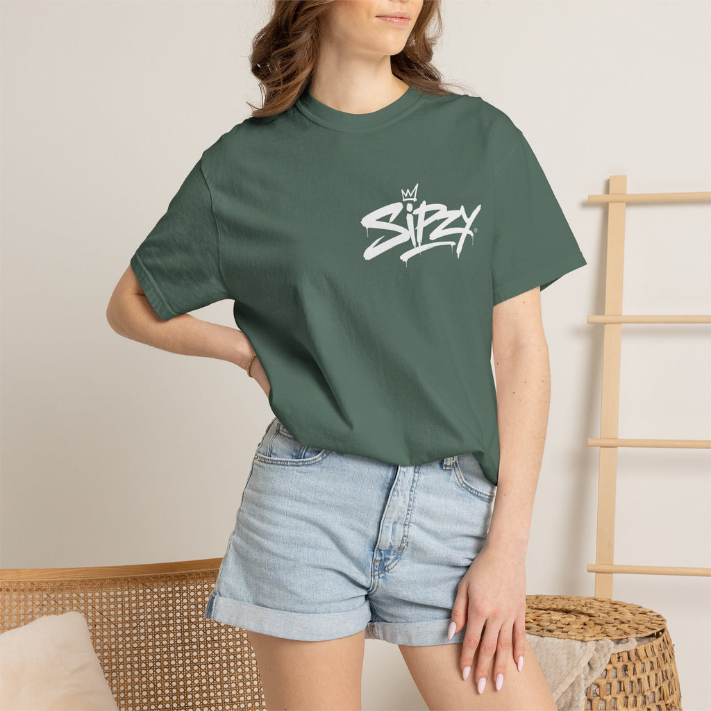 Minimal 'Sipzy' Script Tee — White Garment-Dyed T-Shirt