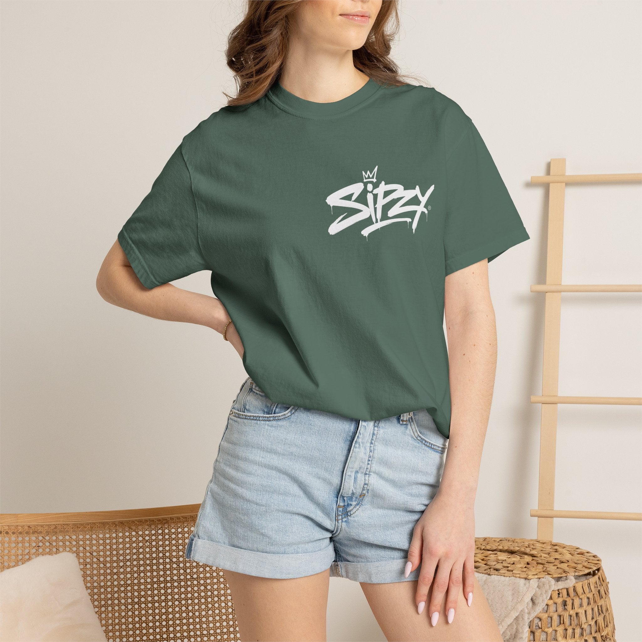 Minimal 'Sipzy' Script Tee — White Garment-Dyed T-Shirt