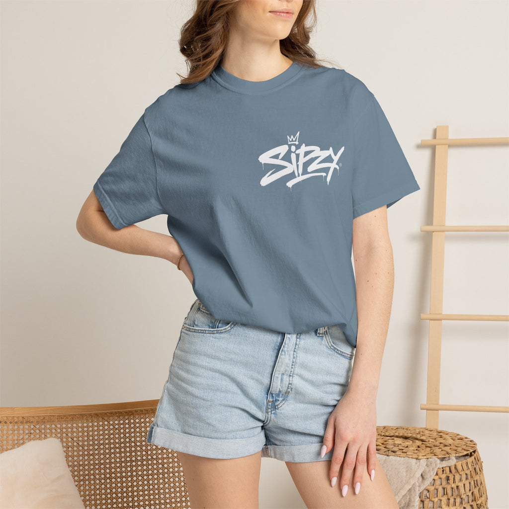 Minimal 'Sipzy' Script Tee — White Garment-Dyed T-Shirt