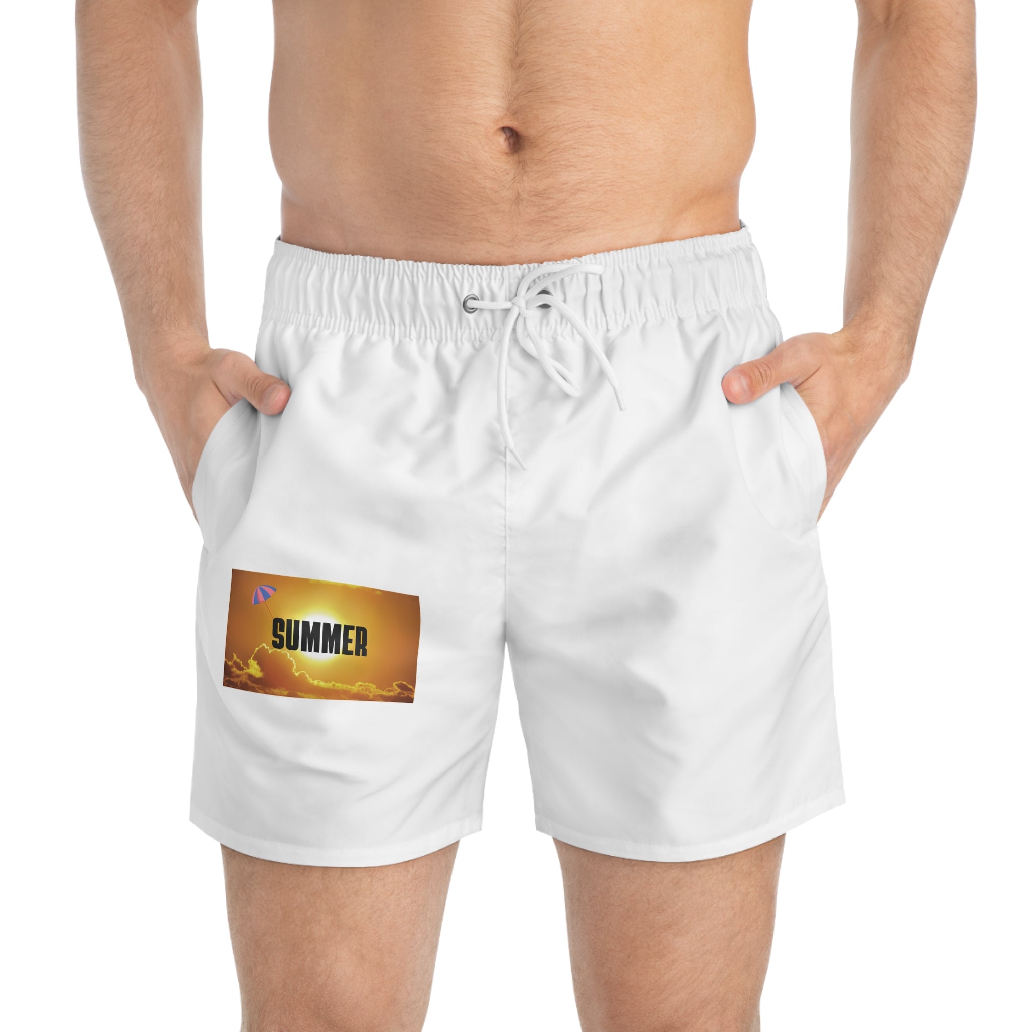 Summer Sunset Swim Trunks — 'SUMMER' Pocket Graphic Beach Shorts