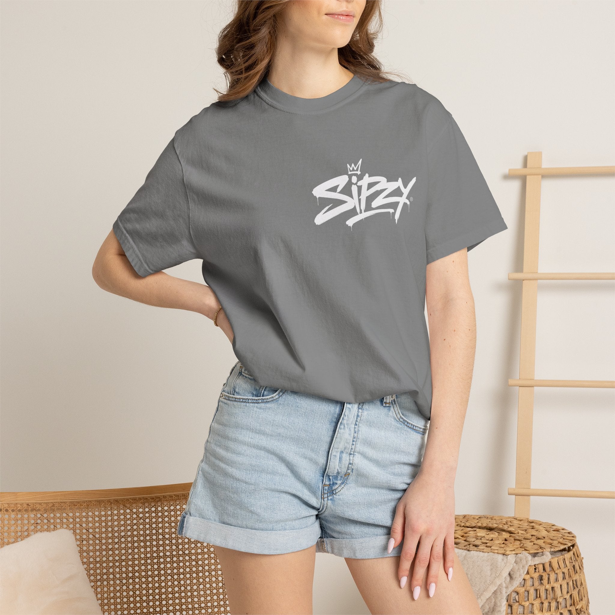 Minimal 'Sipzy' Script Tee — White Garment-Dyed T-Shirt
