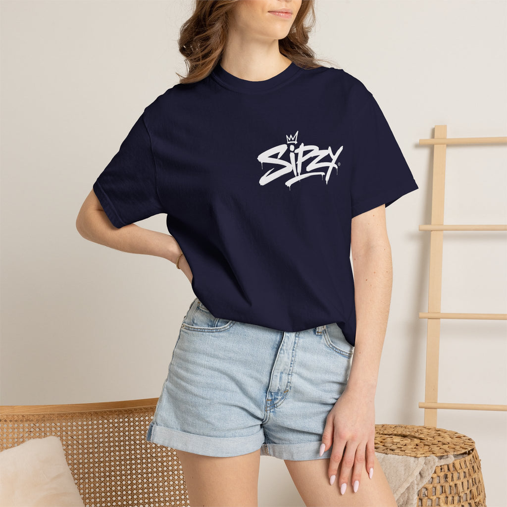 Minimal 'Sipzy' Script Tee — White Garment-Dyed T-Shirt