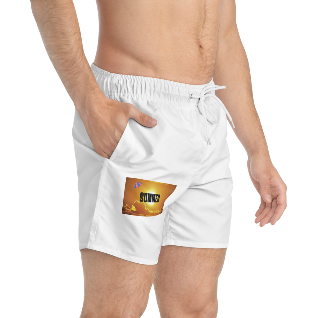 Summer Sunset Swim Trunks — 'SUMMER' Pocket Graphic Beach Shorts