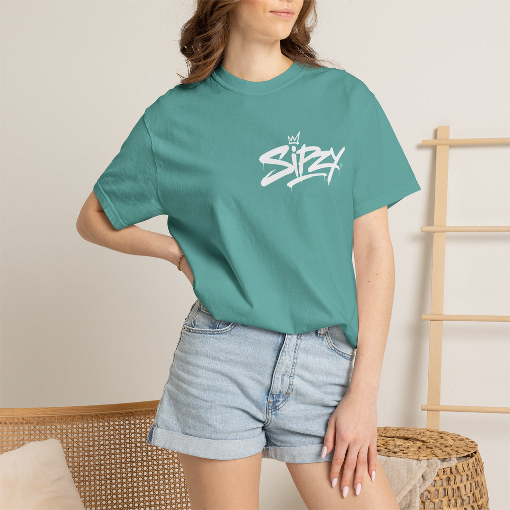 Minimal 'Sipzy' Script Tee — White Garment-Dyed T-Shirt