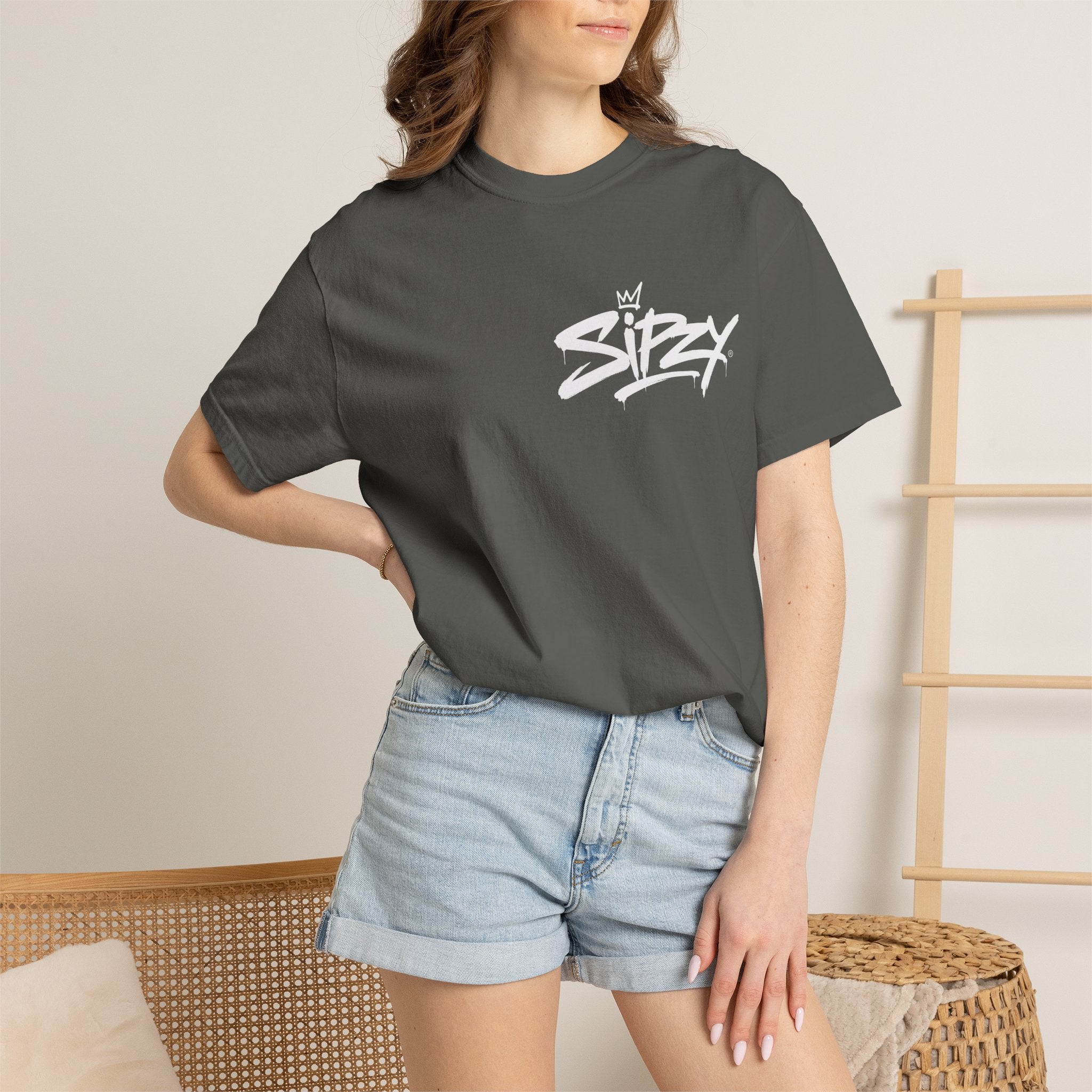 Minimal 'Sipzy' Script Tee — White Garment-Dyed T-Shirt