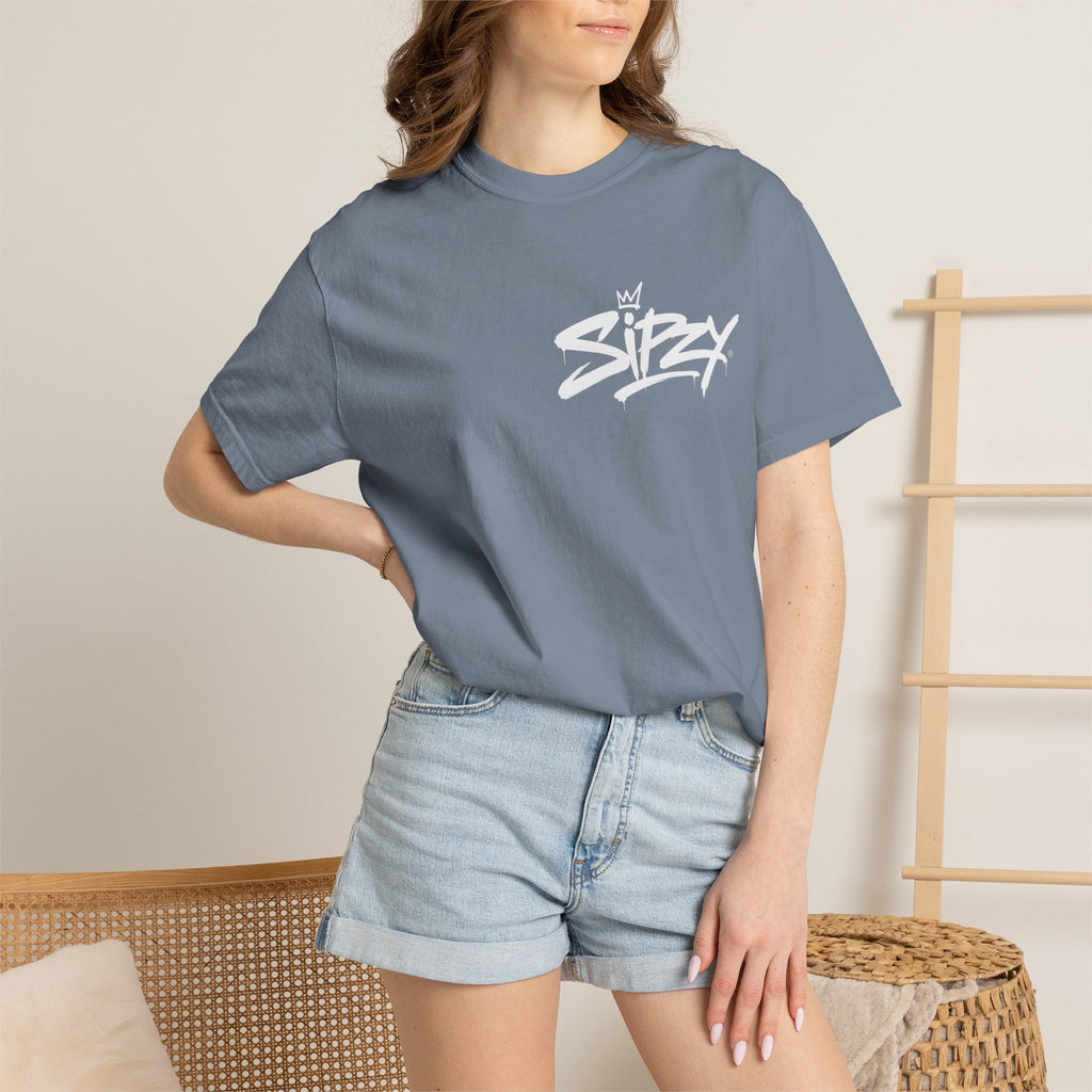 Minimal 'Sipzy' Script Tee — White Garment-Dyed T-Shirt