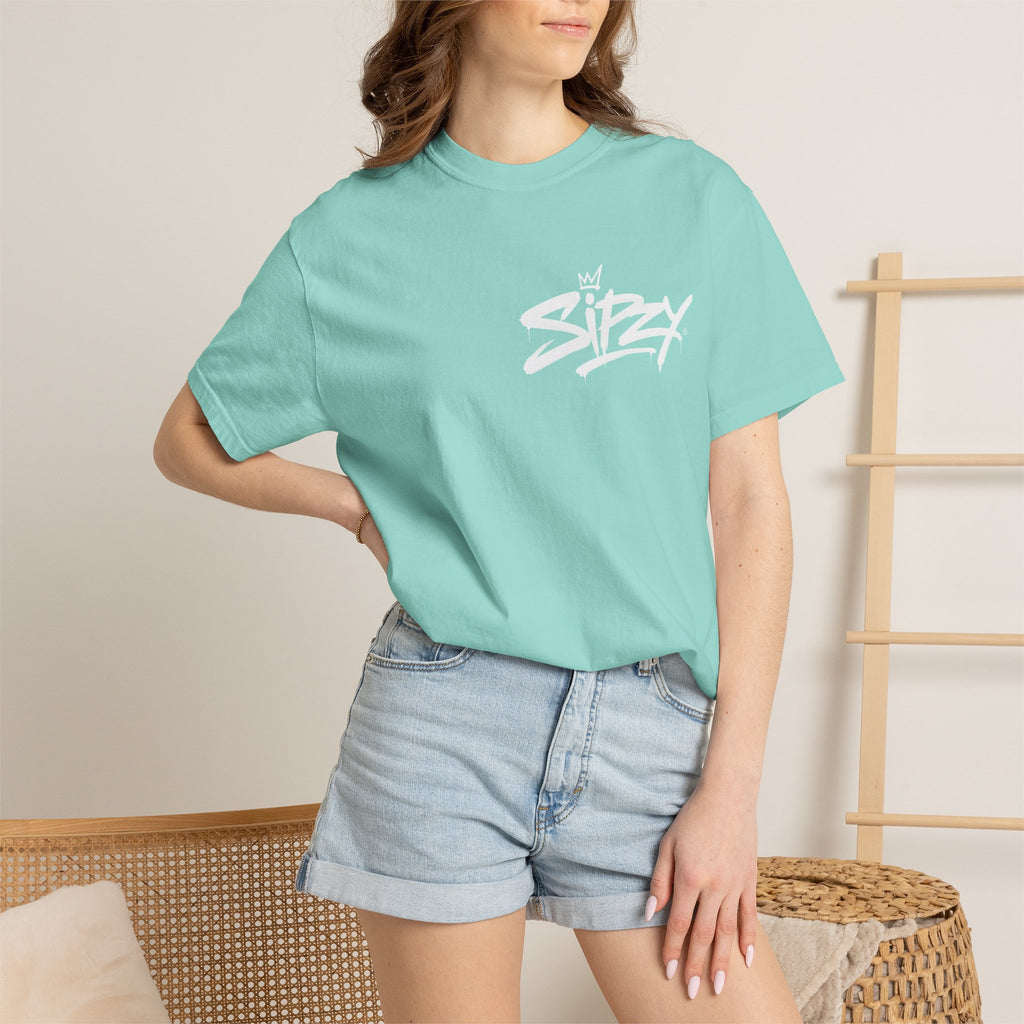 Minimal 'Sipzy' Script Tee — White Garment-Dyed T-Shirt